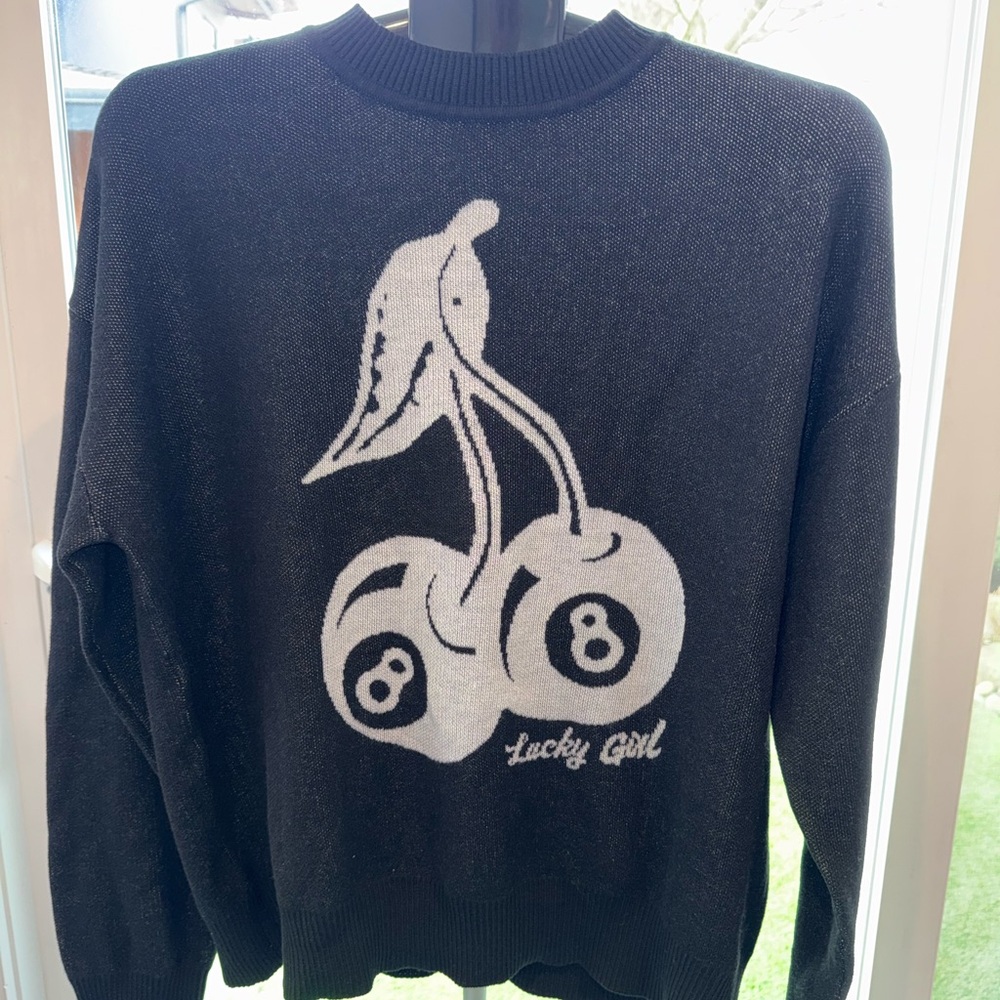 Black women’s Sweater Primitive Sweater with White Cherry Design size M